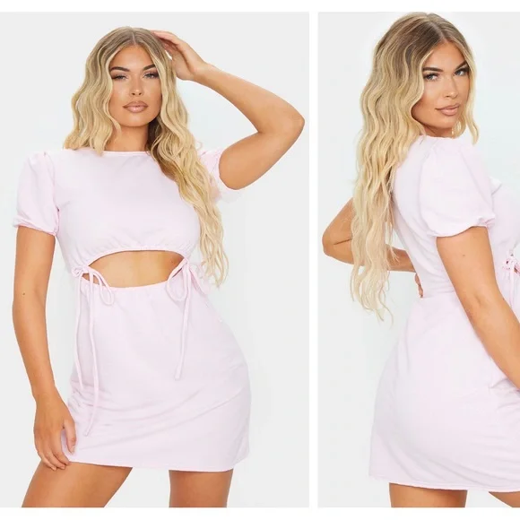 NWT PrettyLittleThing Baby Pink Puff Sleeve Cut Out Tie Sweatshirt Mini Dress 0 - Picture 1 of 12